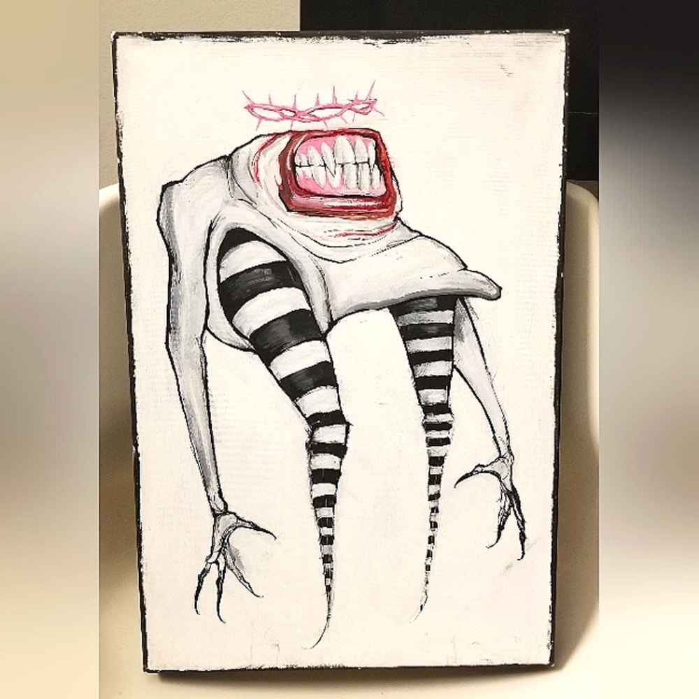 [D★S] Creepy Teeth Creature with Crown of Thorns Painting On Canvas